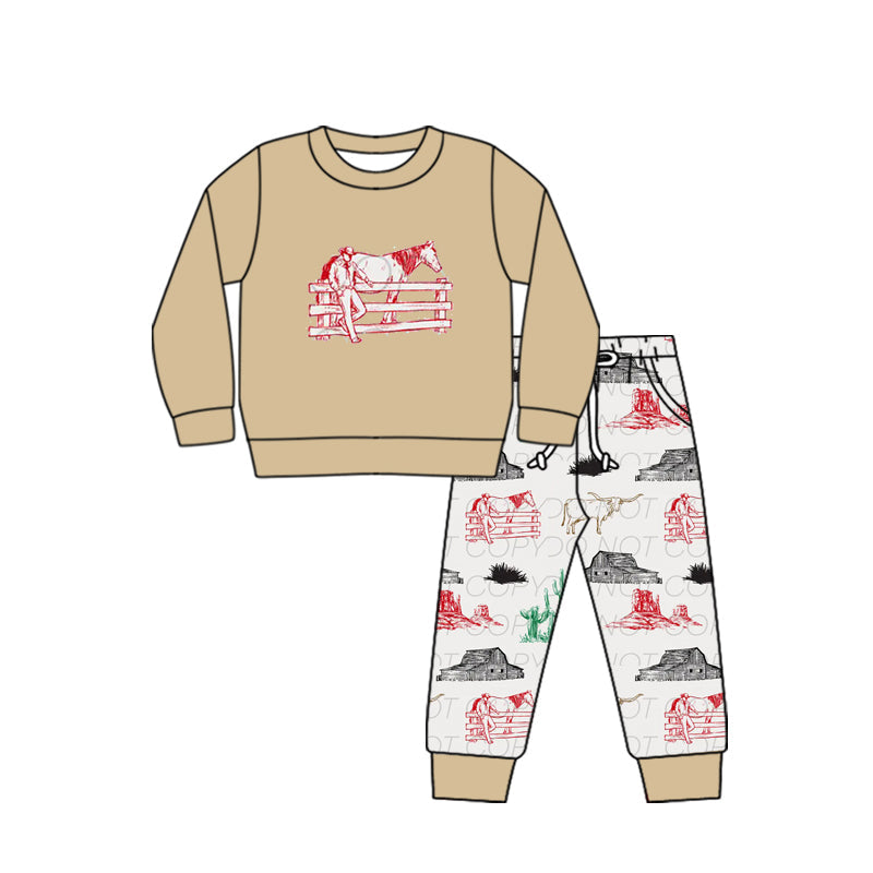 Baby Boy Long Sleeves Western Rodeo Horse Shirt Pants Clothes Set Moq 5