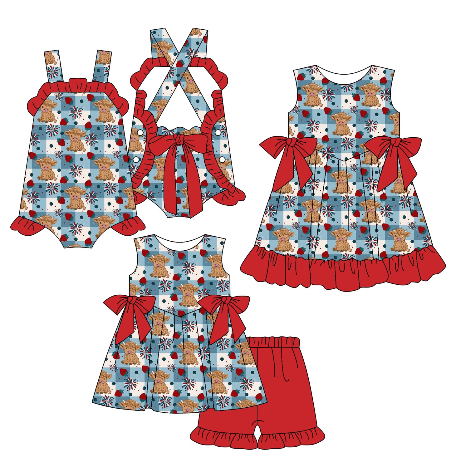 ( Moq 5 Each Style ) Sibling Baby Girls Kids 4th of July Cow Romper Dress Set Summer Clothes
