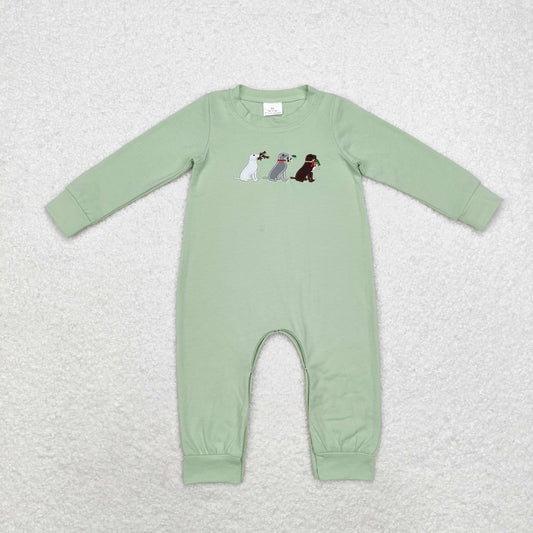 Baby Boy Green Embroidery Dogs Hunting Long Sleeves Romper