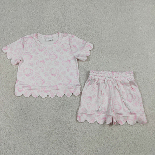 Baby Girls Kids Short Sleeves Pink Shirt Scallop Shorts Set Clothes RTS
