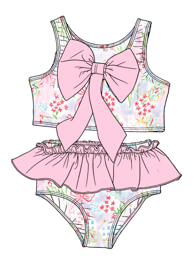 ( Moq 5 Each Style ) Sibling Baby Girls Kids Floral Tops Ruffle Shorts Bows Sets Summer Swimsuits