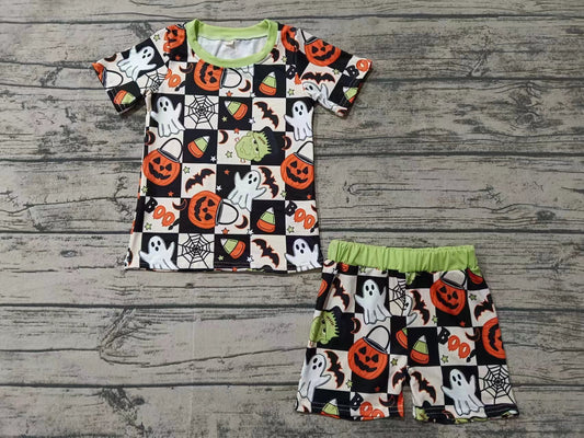 Baby Boy Short Sleeves Pumpkin Ghost Checkered Shirt Shorts Halloween Set