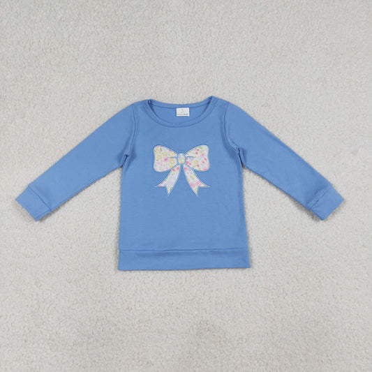 Baby Girls Blue Long Sleeves Embroidery Floral Bows Cotton Shirt Tops RTS
