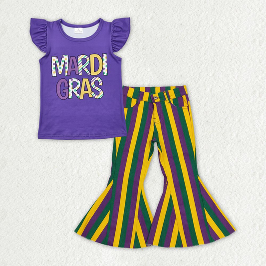 Baby Girl Short Sleeves Mardi Gras Shirt Stripes Denim Jeans Pants Clothes Set