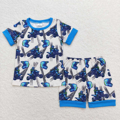 Baby Boy Short Sleeves Motobike Sibling Romper Pajamas Blue Set