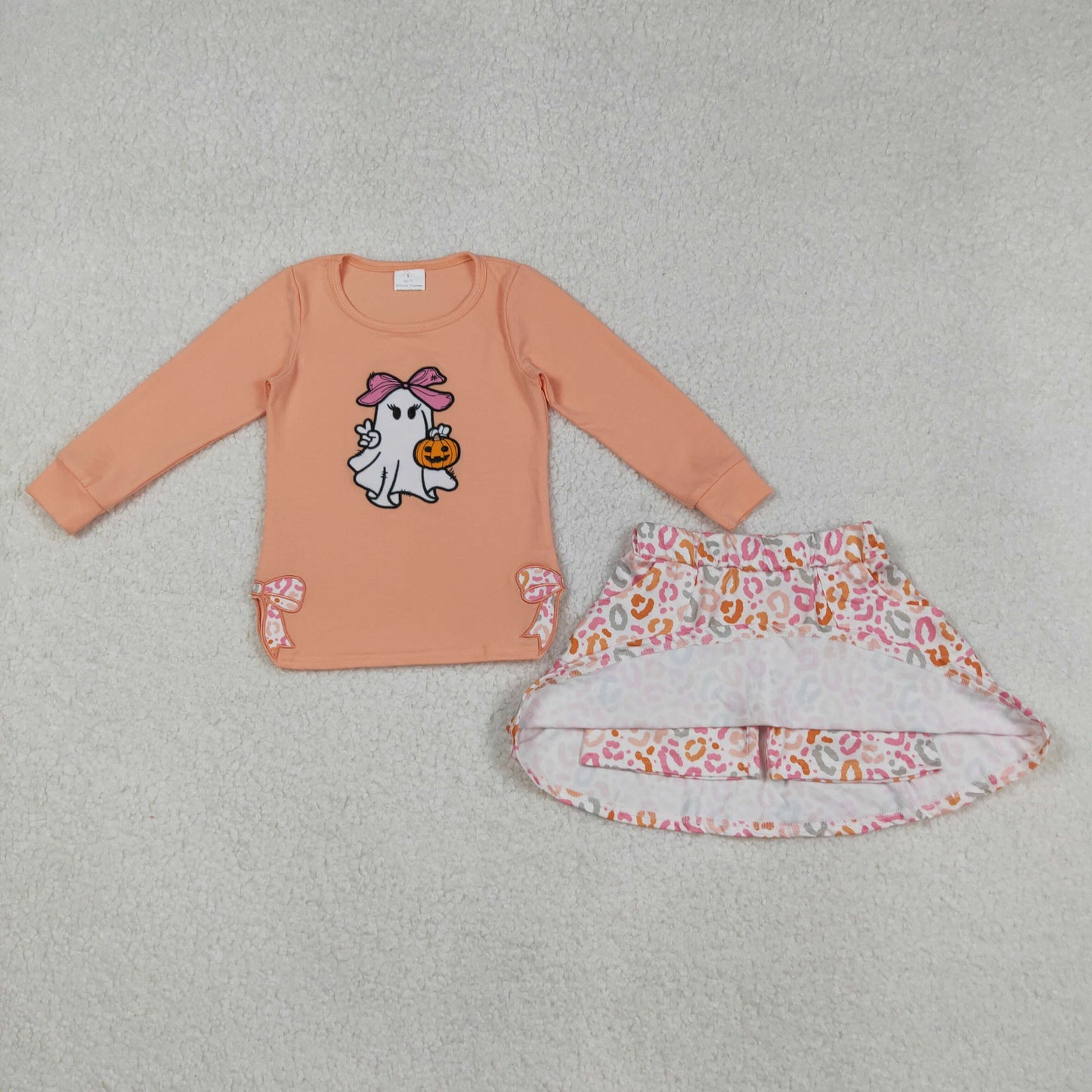 Baby Girl Long Sleeves Embroidery Pumpkin Bows Shirt Leopard Skort Sibling Fall Set RTS