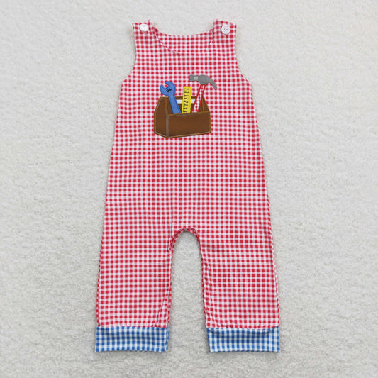 SR0822 Baby Kids Embroidery Tools Plaid Sleeveless One Piece Romper