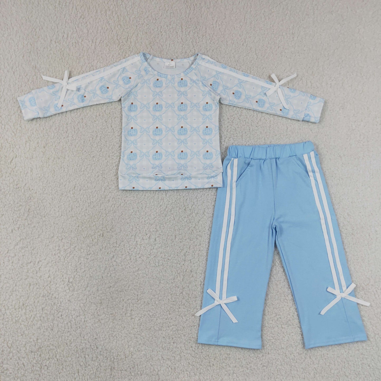 Baby Girls Kids Pumpkins Bows Shirt Pockets Blue Pants Set Fall Clothes RTS