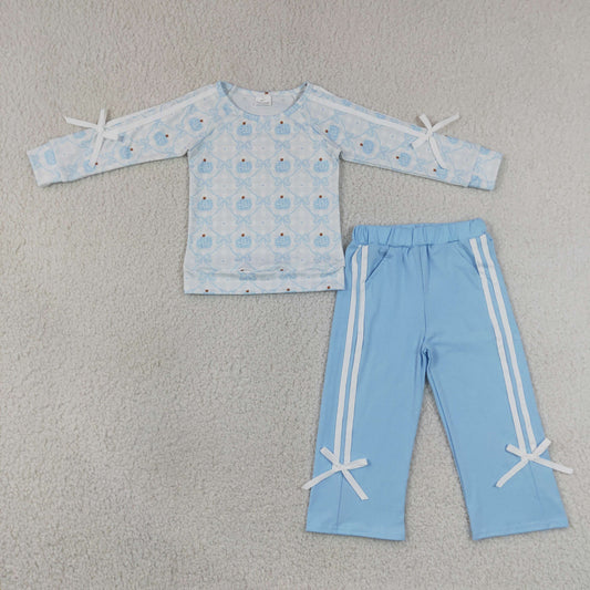 Baby Girls Kids Pumpkins Bows Shirt Pockets Blue Pants Set Fall Clothes RTS