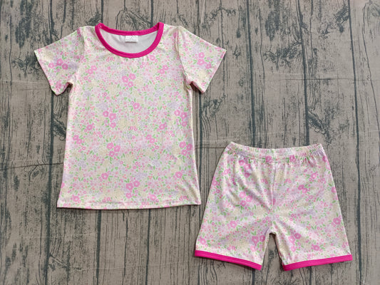 ( No moq ) Preorder Baby Girls Kids Short Sleeves Floral Shirt Shorts Pajamas Summer Set