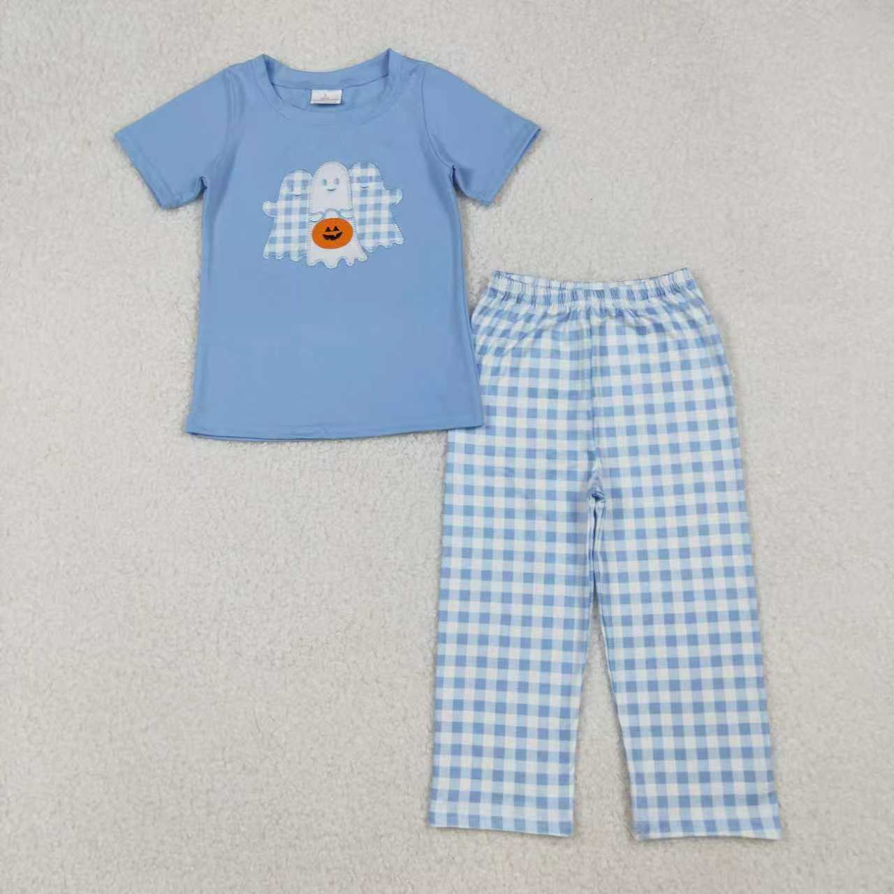 Sibling Boys Girls Short Sleeves Embroidery Ghosts Pumpkin Halloween Romper Set RTS