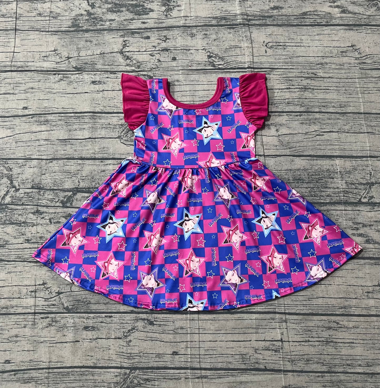 Baby Girls Pink Short Sleeves Music Character Checked Twirl Knee Length Dress RTS