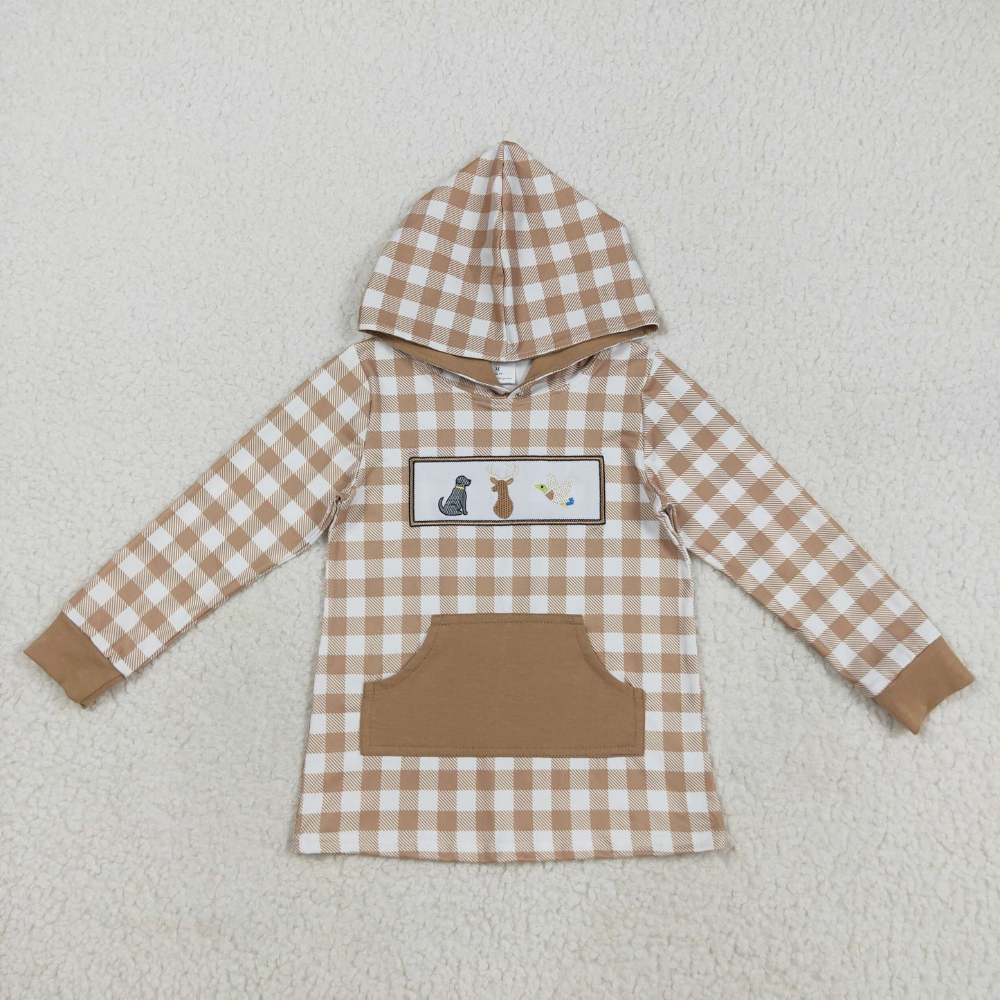Baby Boy Long Sleeves Embroidery Dog Deer Fish Plaid Pocket Hoodie Shirt RTS