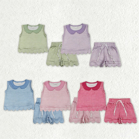 Sibling Baby Girls Kids Sleeveless Scallop Shirts Pockets Shorts Plaid Sets Clothes RTS