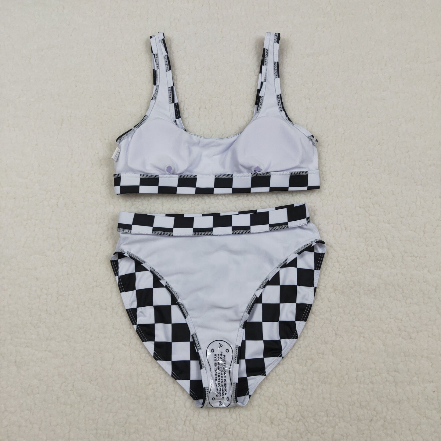 Adult Women Sleeveless Black Checked Tops Shorts Swimsuit Set RTS