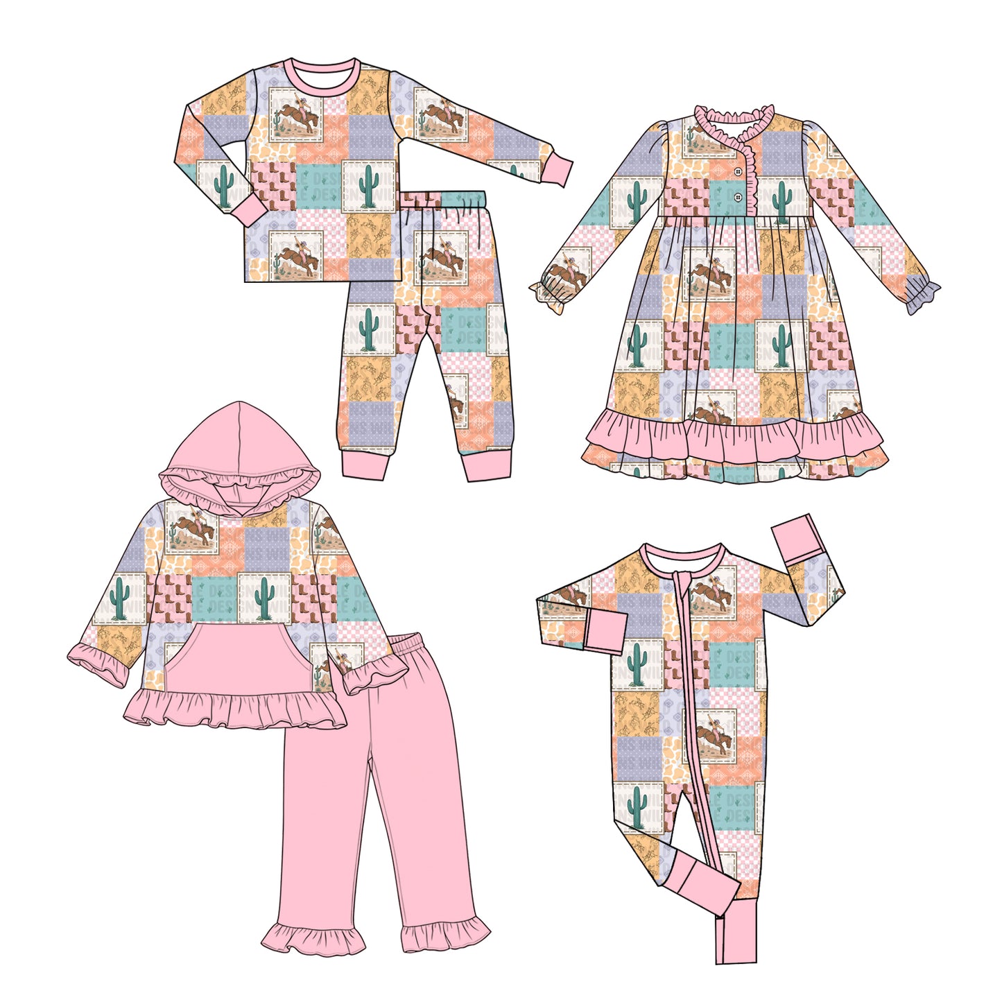 ( Moq 5 Each Style ) Baby Girls Kids Western Cactus Sibling Romper Dress Sets Pink Clothing