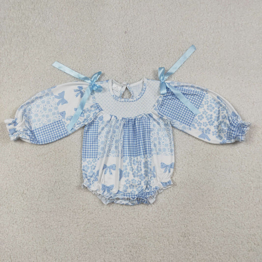 Baby Girls Kids Long Sleeves Embroidery Smocked Blue Bows Flower Bubble Romper RTS