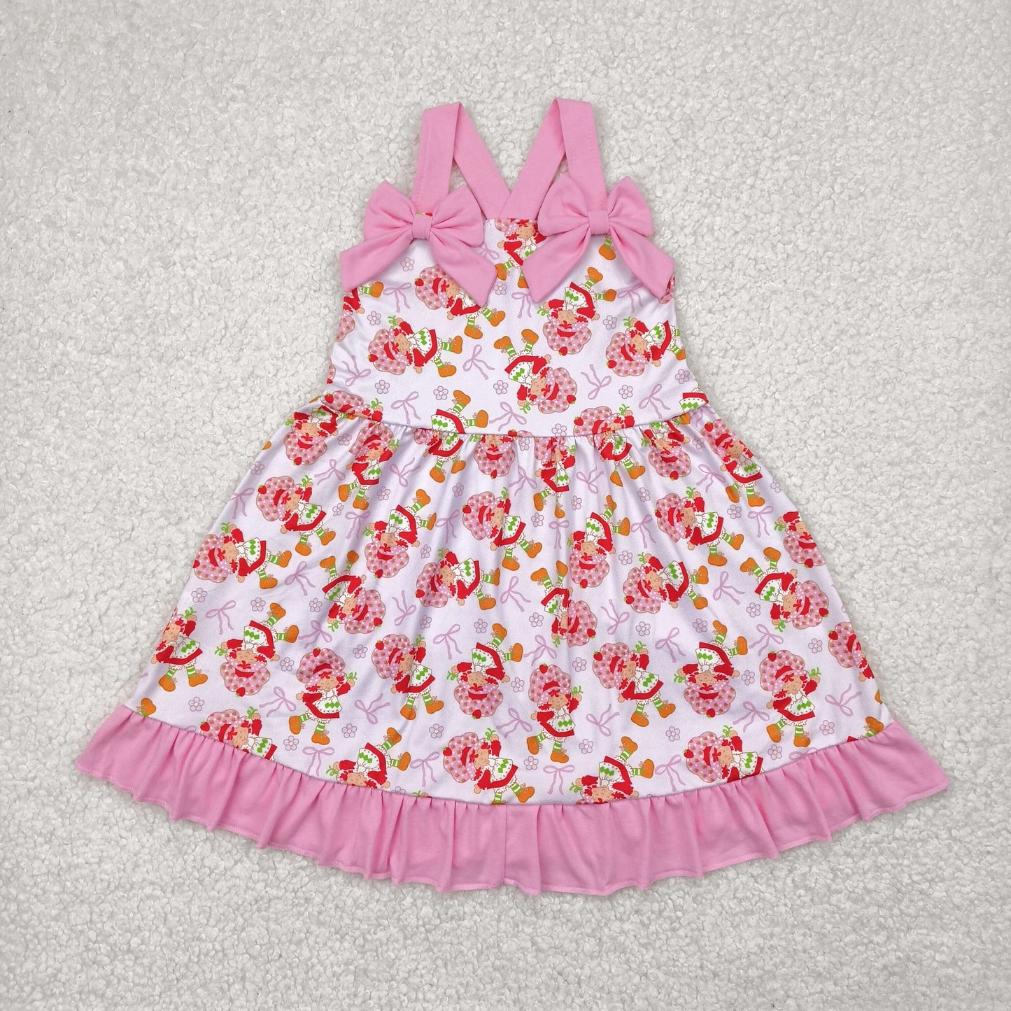 Baby Girl Pink Strap Bows Strawberry Floral Knee Length Dress RTS