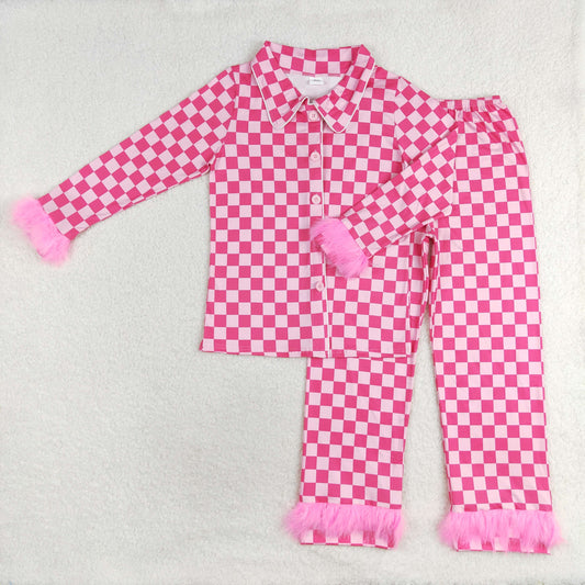 Adult Women Pink Checkered Button Up Shirt Pants Pajamas