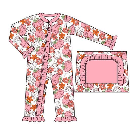 Baby Girl Pink Pumpkin Flower Zipper Romper