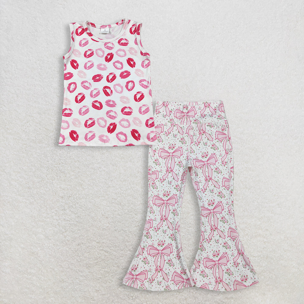 Baby Girls Kids Sleeveless Mouths Tops Pink Bows Flower Pants Set Clothes RTS