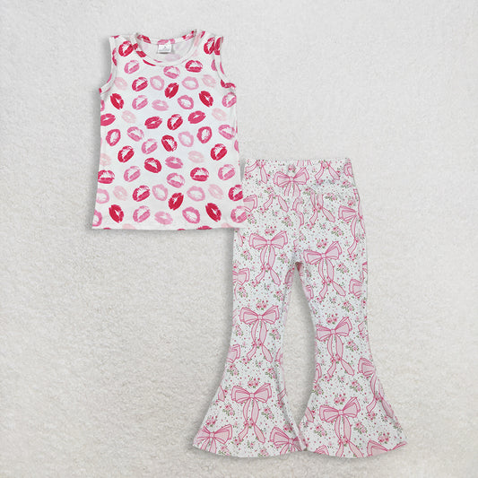 Baby Girls Kids Sleeveless Mouths Tops Pink Bows Flower Pants Set Clothes RTS