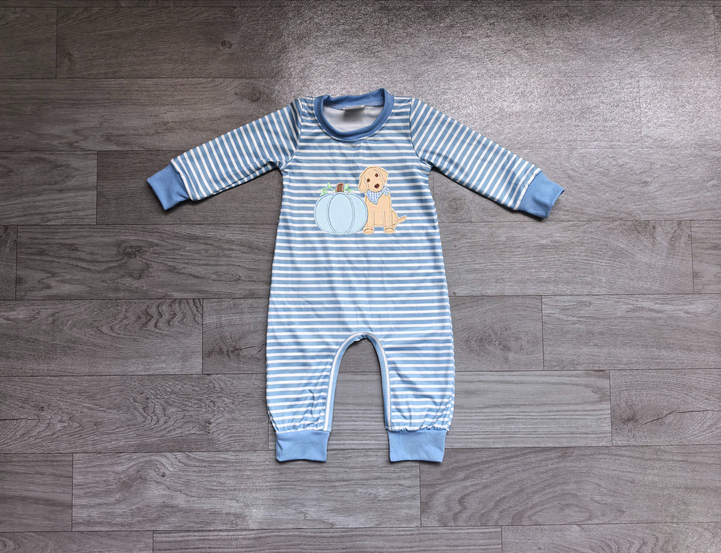 ( No moq ) Preorder Baby Boys Kids Embroidery Pumpkins Dog Blue Stripes Fall Romper Clothes