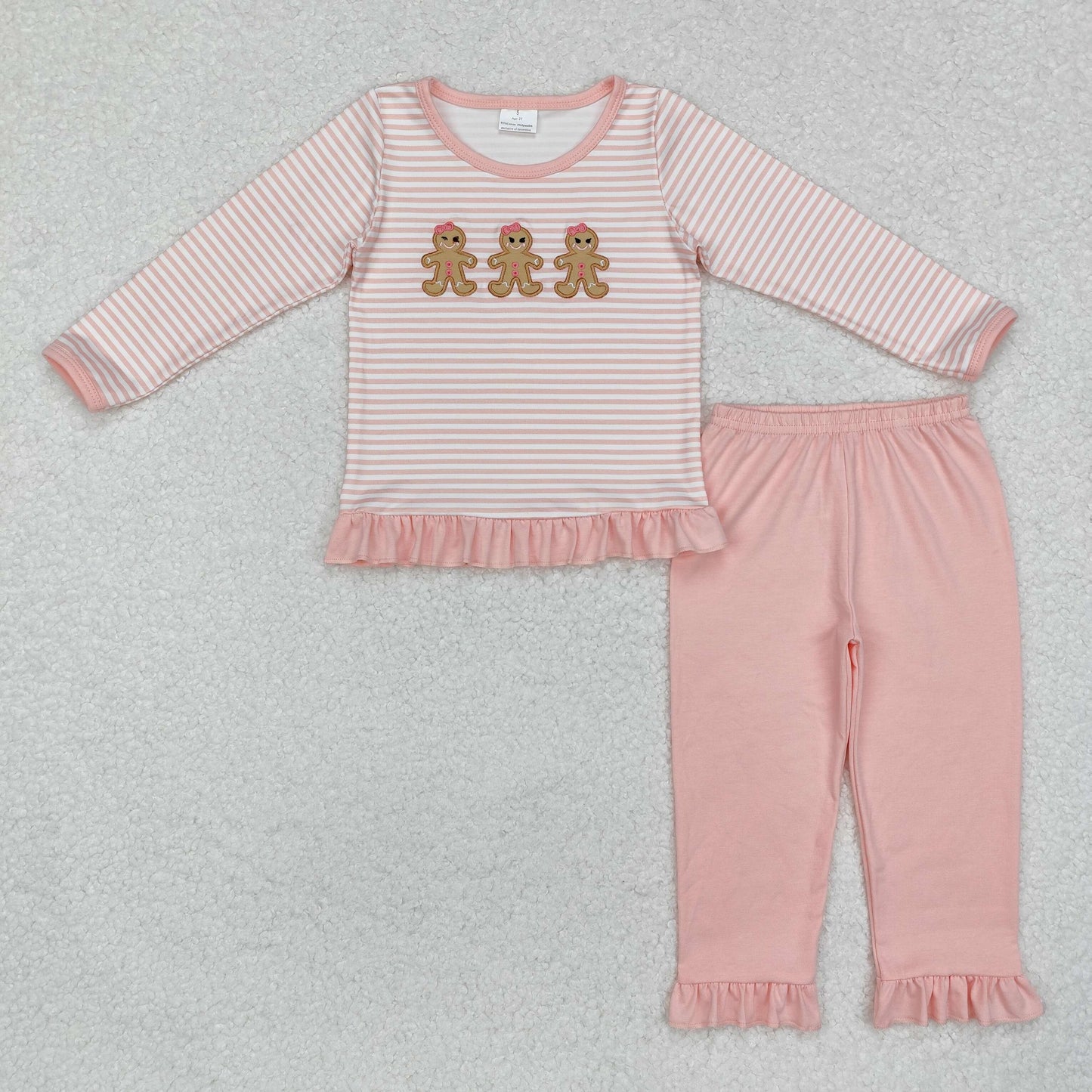 Baby Girl Long Sleeves Christmas Embroidery Gingerbread Stripes Tunic Pants Clothes Set