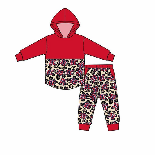 Baby Girl Long Sleeves Team Red Hoodie Shirt Leopard Pockets Pants Clothes Set Moq 5