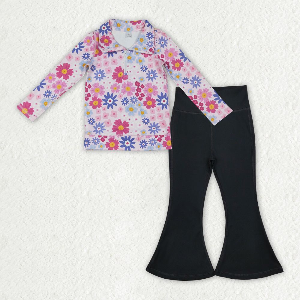 Baby Kids Girls Bows Long Sleeves Flower Zipper Shirt Black Bell Pants Yoga Set RTS