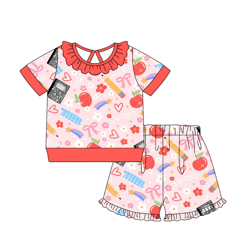 ( Moq 5 ) Preorder Baby Girls Kids Short Sleeves Pencil Bows Flower Shirt Ruffle Shorts Back to School Set