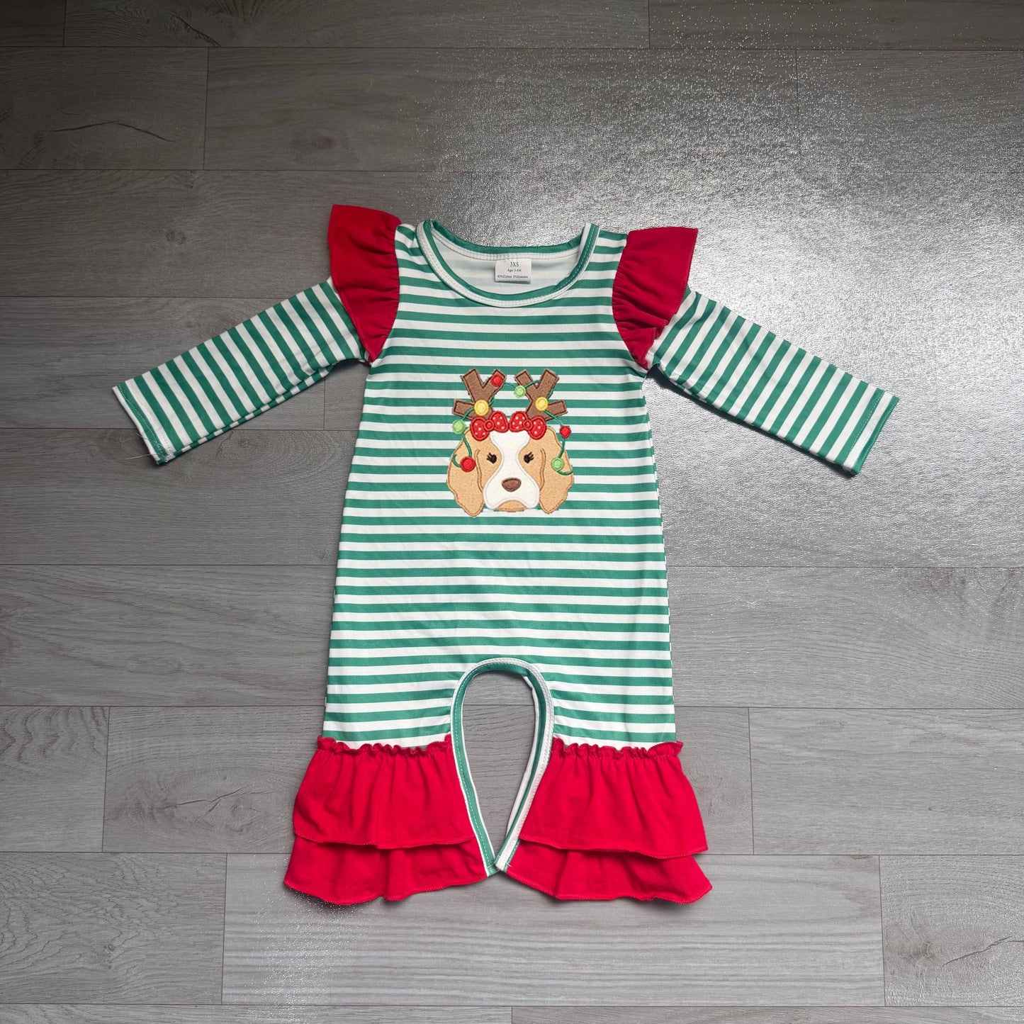 ( No moq ) Preorder Baby Girl Kids Embroidery Christmas Dog Green Stripes Romper Clothes