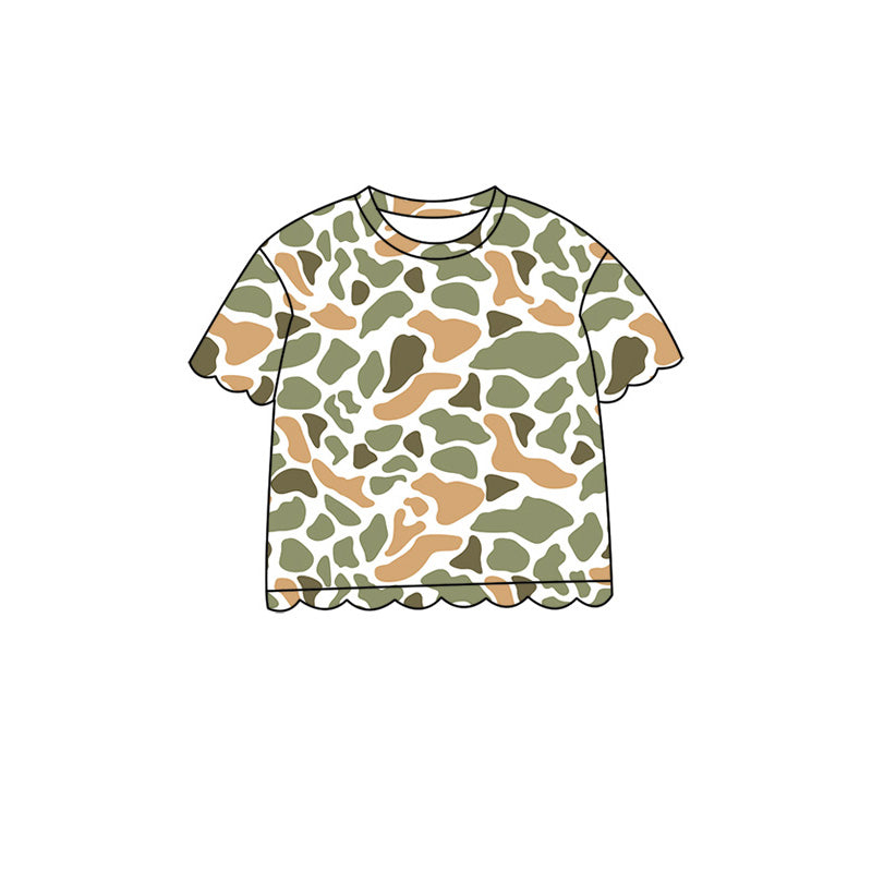 ( Moq 5 ) Preorder Baby Girls Kids Short Sleeves T-shirt Scallop Pullover Kids Camo Clothes