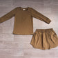 ( No moq ) Preorder Baby Girls Kids Long Sleeves Olive Shirt Pockets Skirt Shorts Cotton Set Clothes
