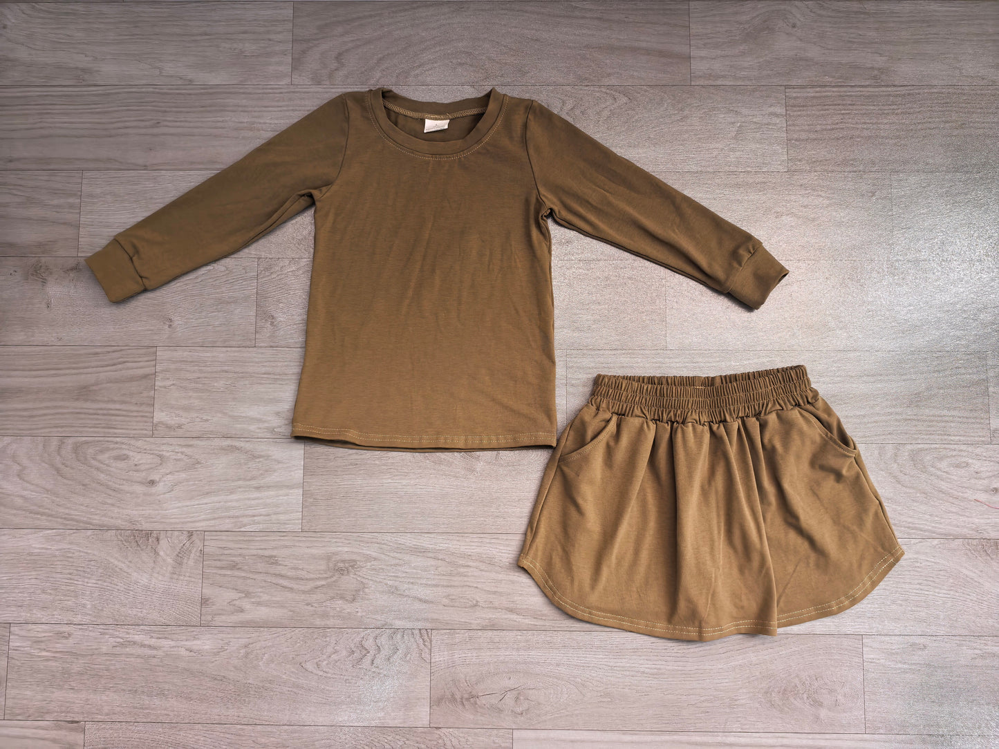 ( No moq ) Preorder Baby Girls Kids Long Sleeves Olive Shirt Pockets Skirt Shorts Cotton Set Clothes
