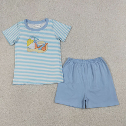 Baby Boys Short Sleeves Embroidery Ball Beach Stripes Shirt Blue Shorts Clothes Set RTS