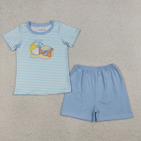 Baby Boys Short Sleeves Embroidery Ball Beach Stripes Shirt Blue Shorts Clothes Set RTS