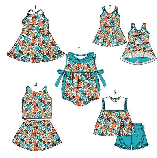 ( Moq 5 Each Style ) Baby Girls Kids Sleeveless Football Flower Bows Sibling Romper Dresses Sets