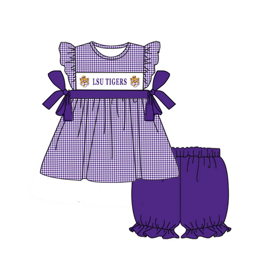 Baby Girl Team Checkered Tops Purple Shorts Set