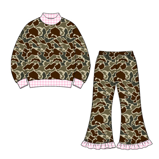 ( Moq 5 ) Preorder Baby Girls Kids Long Sleeves Pink Plaid Shirt Camo Bell Pants Set Clothes
