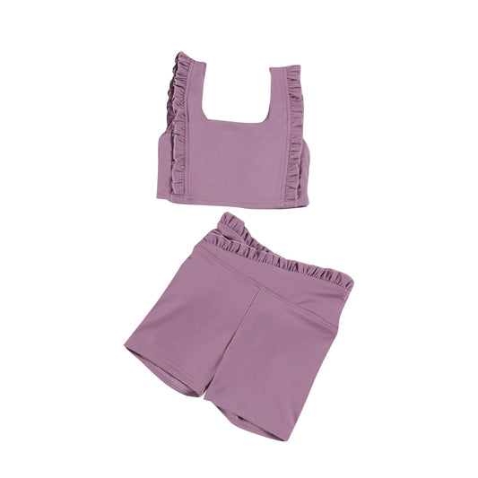 ( Moq 5 )  Preorder Baby Girls Kids Sleeveless Purple Tops Ruffle Shorts Set Yoga Active Clothes