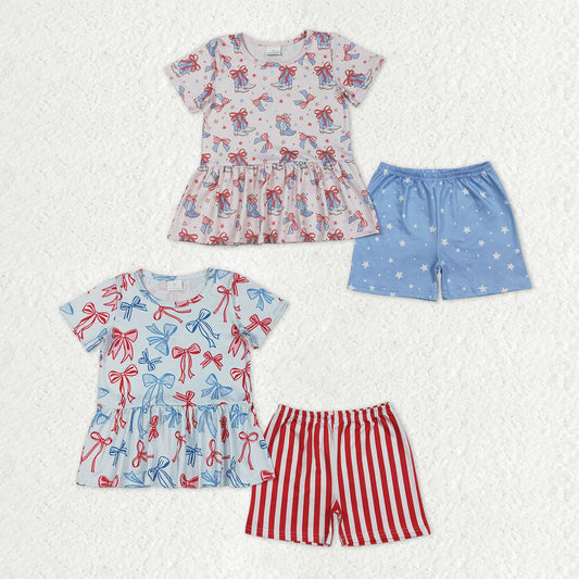 Sibling Baby Girls Short Sleeves Bows Boots Tops Shorts 4th of July Clothes Sets RTS