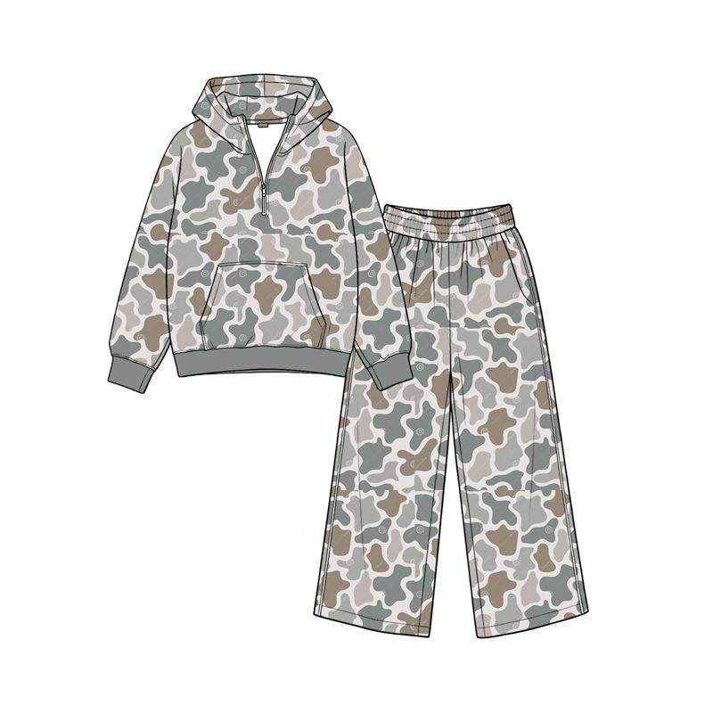 ( Moq 5 ) Preorder Baby Girls Kids Long Sleeves Camo Hoodie Zipper Shirt Pockets Pants Set Clothes