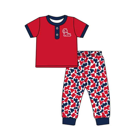 ( Moq 5 ) Baby Boys Short Sleeves T Buttons Red Shirt Camo Pants Team Clothes Set