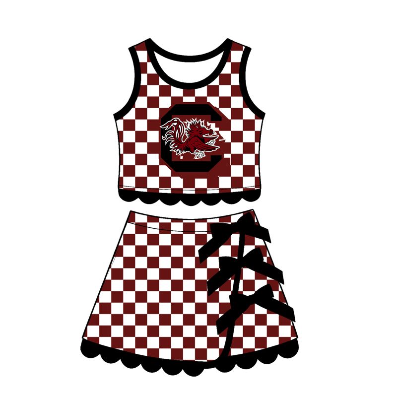 ( Moq 5 ) Preorder Baby Girls Kids Chicken Checked Shirt Scallop Bows Skirt Shorts Team Set Yoga Active Clothes