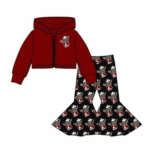 Baby Girl Red Long Sleeves Cat Zipper Hoodie Shirt Bell Pants Team Clothes Set Moq 5