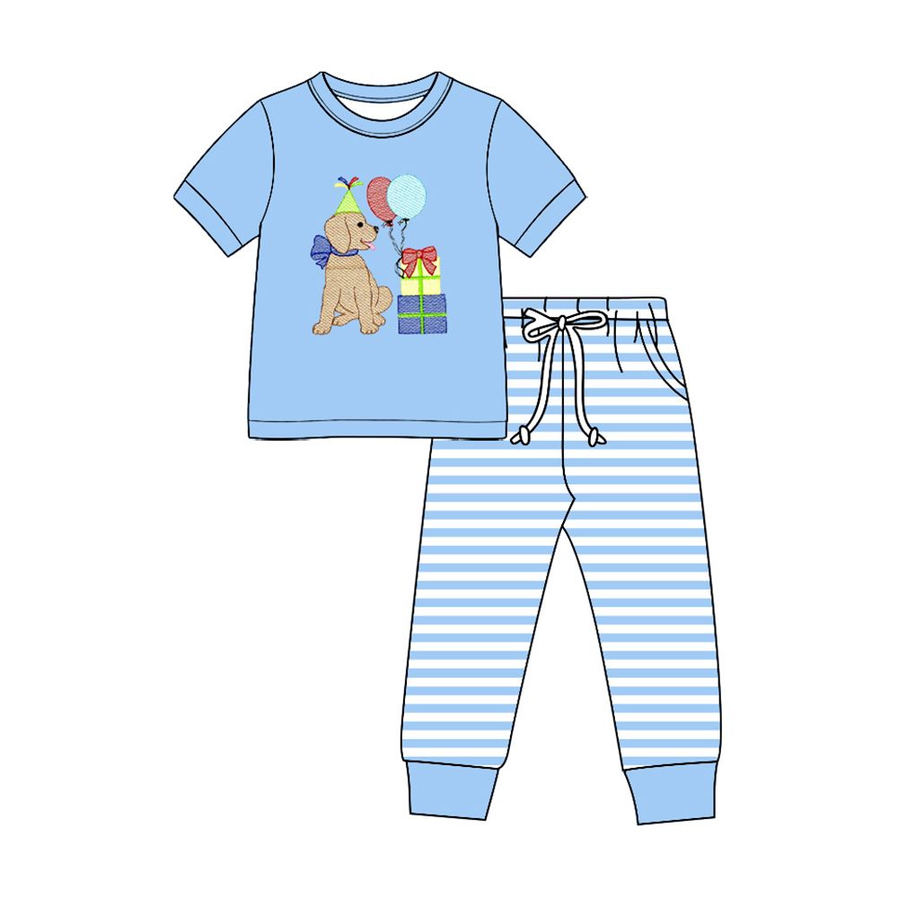 ( Moq 5 ) Preorder Baby Boys Kids Dog Balloons Shirt Stripes Pockets Pants Birthday Set Clothes