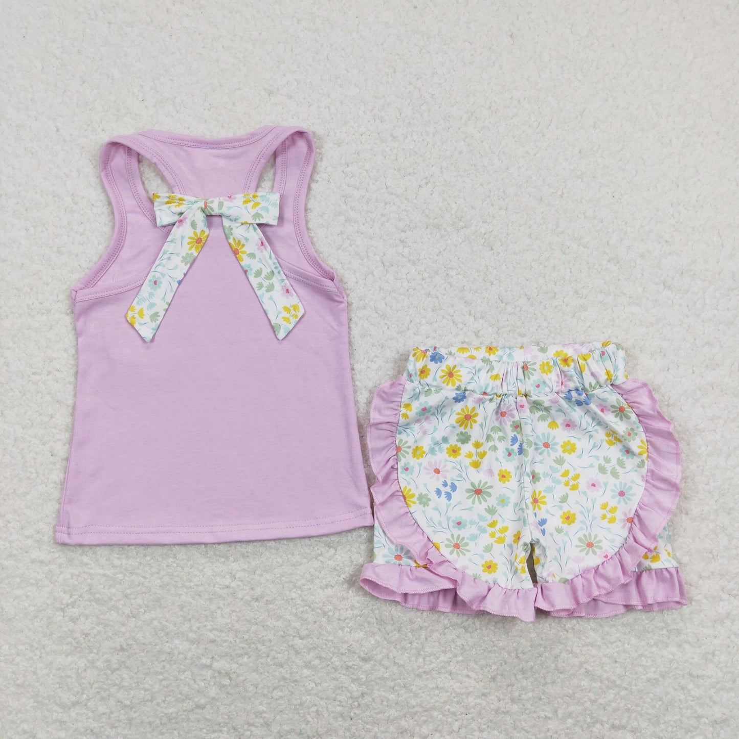 GSSO0511 Baby Girl Purple Sleeveless Vest Shirts Floral Ruffle Shorts Set