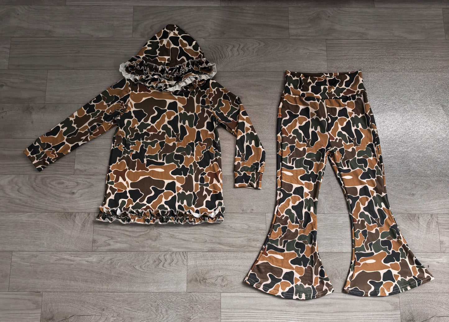 ( No moq ) Preorder Baby Girls Long Sleeves Brown Green Camo Hoodie Pullover Bell Pants Clothes Set
