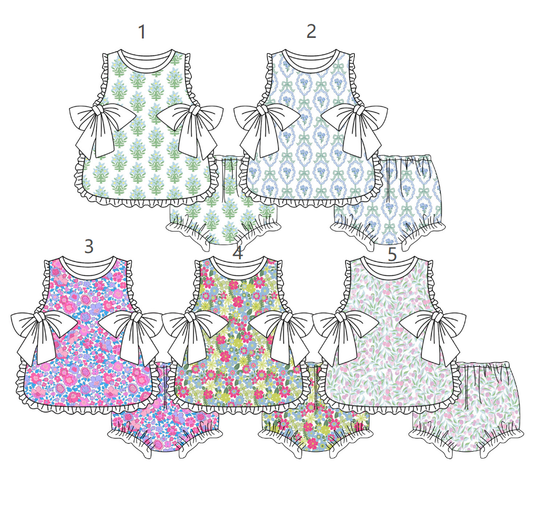 ( Moq 5 each style ) Baby Girls Kids Flower Bows Tops Bummie Shorts Sibling Clothes Sets